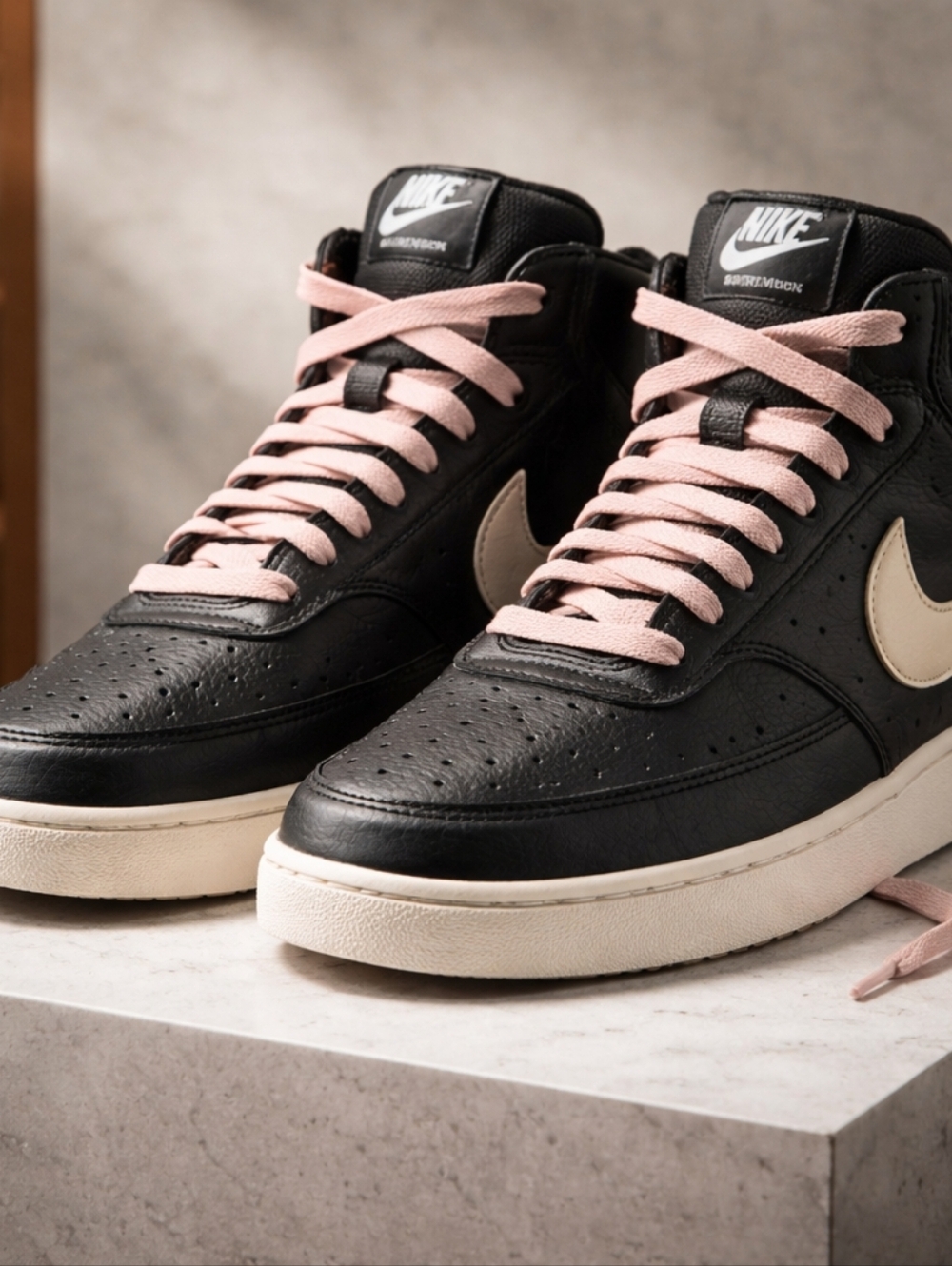 Nike Black High-Top Sneakers with Pink Laces and Cream Swoosh
